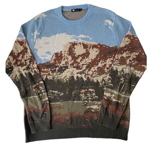 LE 31 PAR SIMONS Women's Graphic Blue/Brown/Green Long Sleeve Sweater in Large